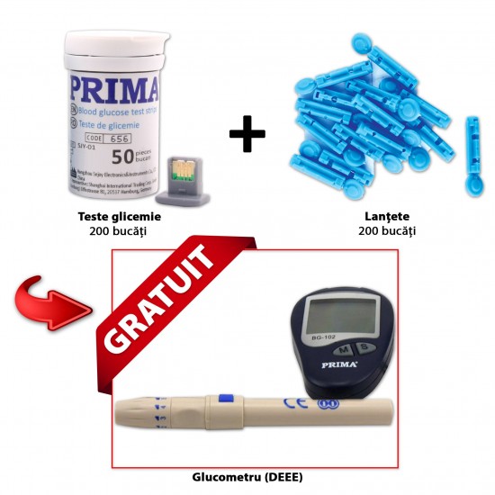 PACHET Teste Glicemie 200 bucati + Lantete 200 bucati + Glucometru PRIMA GRATUIT